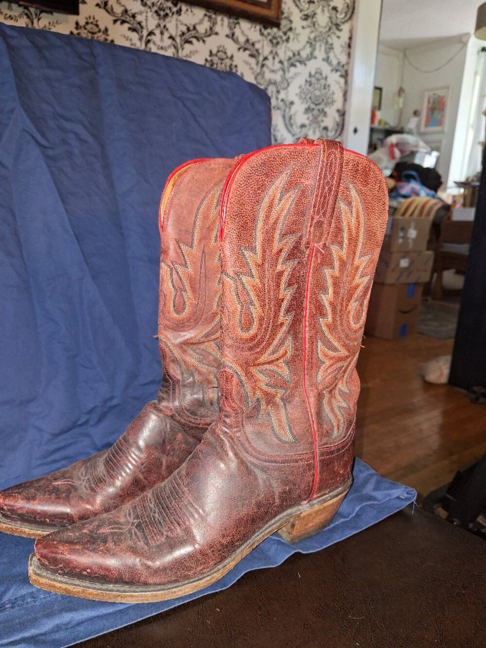 Vintage Distressed Red Leather Cowboy Boots Western Pointed Toe Women’s
